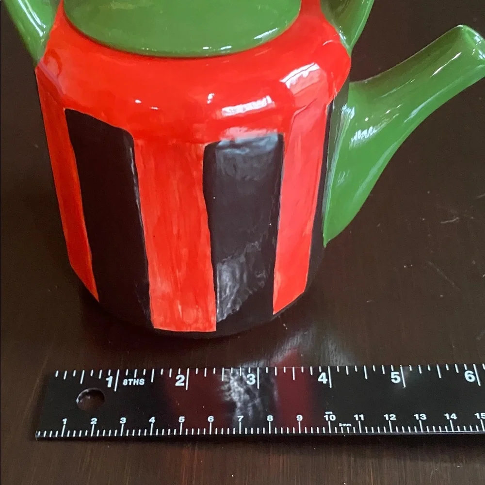 Whimsical Red and Green Ceramic Handpainted Teapot with Bamboo Handle.